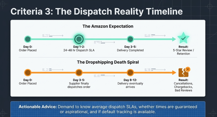 Infographic titled “Criteria 3: The Dispatch Reality Timeline” comparing fast, reliable fulfilment against slow dropshipping operations. The top timeline, “The Amazon Expectation,” shows an ideal customer experience: Day 0 order placement, Day 1–2 dispatch within a 24–48 hour SLA, Day 3–5 delivery completion, ending in 5-star reviews and customer retention.