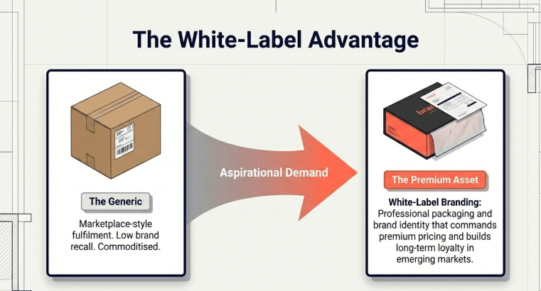 The White-Label Advantage infographic showing how branded packaging and private-label fulfillment transform generic ecommerce products into premium brand assets that increase customer loyalty, brand recall, and long-term profitability in fashion ecommerce.
