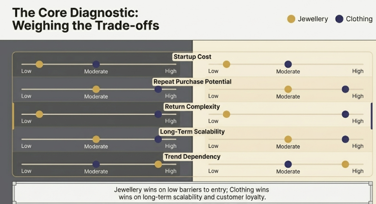 Strategic comparison between jewellery and clothing ecommerce businesses, evaluating startup cost, repeat purchase potential, return complexity, long-term scalability, and trend dependency, showing jewellery as easier to start while clothing offers stronger long-term brand growth and customer loyalty.