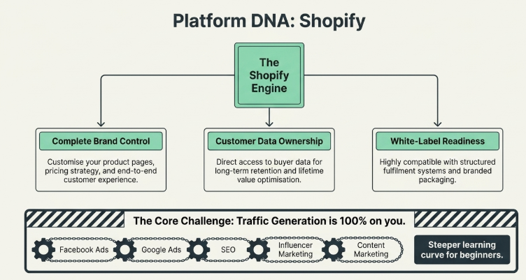 Overview of Shopify’s ecommerce model, highlighting complete brand control, customer data ownership, and white-label compatibility, while emphasizing the main challenge of generating traffic through Facebook Ads, Google Ads, SEO, influencer marketing, and content marketing.