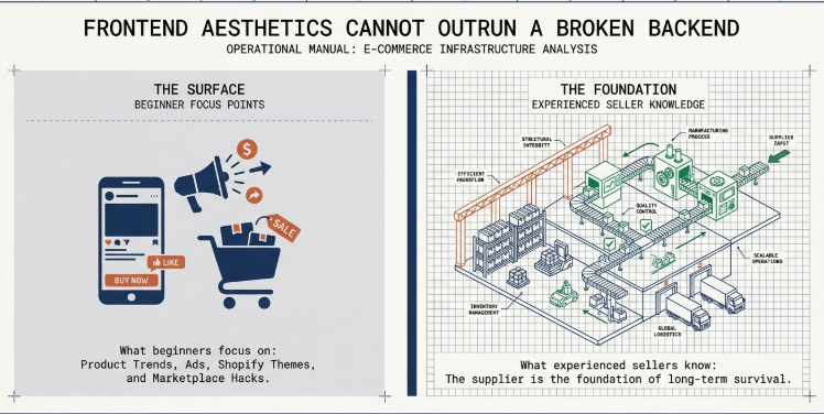 Frontend aesthetics cannot outrun a broken backend infographic comparing beginner ecommerce focus areas like ads, product trends, and Shopify themes with the operational foundation required for long-term ecommerce success, including supplier systems, manufacturing, inventory management, logistics, and scalable fulfillment.