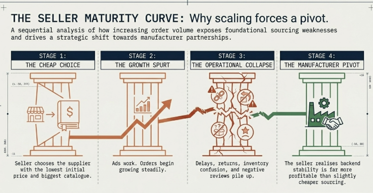The Seller Maturity Curve infographic illustrating how ecommerce sellers evolve from choosing cheap suppliers to facing operational collapse at scale, ultimately shifting toward stable manufacturer partnerships for long-term brand growth and fulfillment reliability.