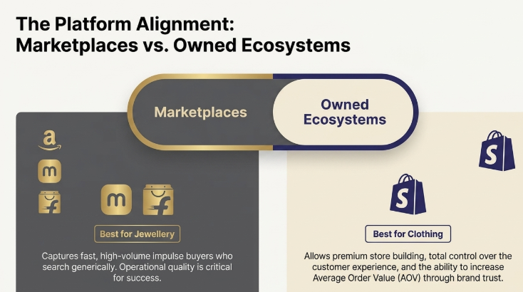Comparison between marketplace selling and owned ecommerce ecosystems, showing how marketplaces like Amazon and Flipkart work well for jewellery and impulse-driven products, while Shopify-based owned stores are better suited for clothing brands focused on customer experience, branding, and increasing average order value (AOV).