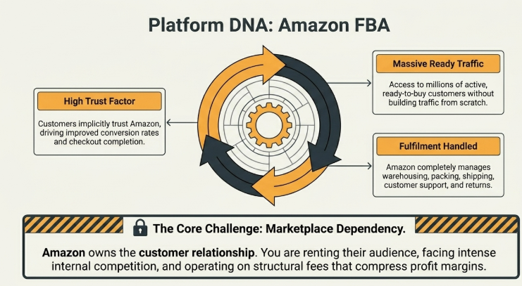 Overview of Amazon FBA’s ecommerce model, highlighting built-in customer trust, massive ready-to-buy traffic, and fully managed fulfillment services, while emphasizing the key challenge of marketplace dependency, customer ownership by Amazon, intense competition, and reduced profit margins due to platform fees.