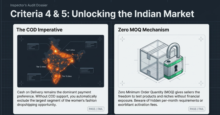 Infographic titled “Criteria 4 & 5: Unlocking the Indian Market” highlighting two important factors for evaluating Indian dropshipping suppliers.