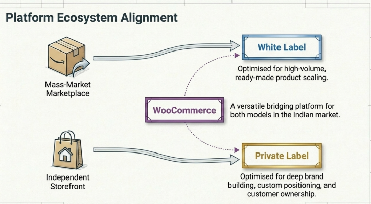 White label vs private label ecosystem alignment showing marketplace vs independent store strategies and WooCommerce as a bridge for Indian dropshipping
