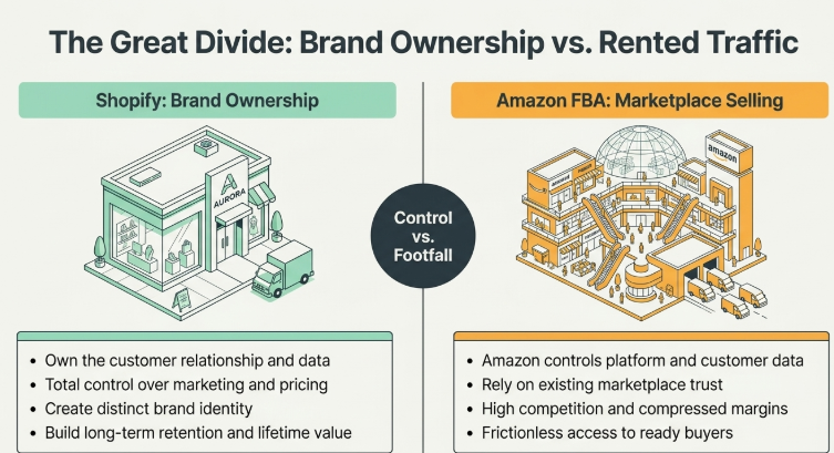 Comparison between Shopify brand ownership and Amazon FBA marketplace selling, highlighting the difference between owning customer relationships, branding, and pricing control on Shopify versus relying on Amazon’s marketplace traffic, platform trust, and competitive ecosystem.