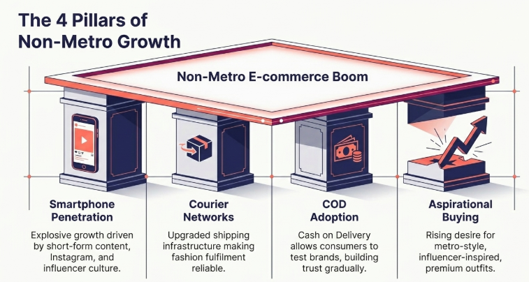 The 4 Pillars of Non-Metro Growth infographic illustrating the key drivers behind Tier-2 and Tier-3 ecommerce expansion in India, including smartphone penetration, courier network growth, COD adoption, and rising aspirational fashion buying behavior.