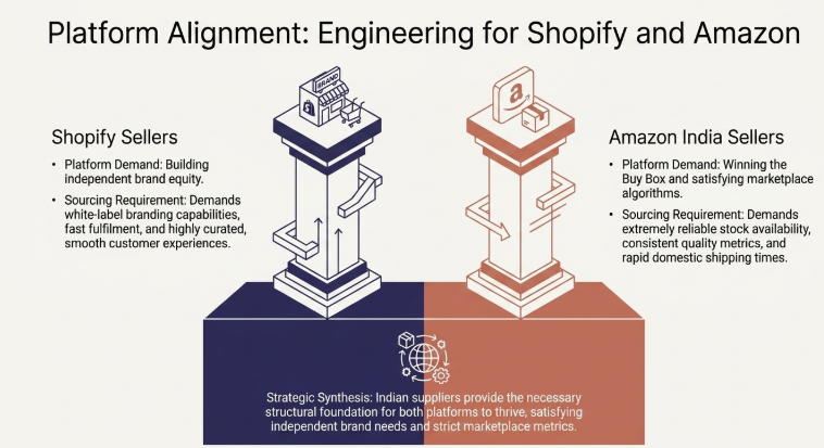 Comparison of supplier requirements for Shopify and Amazon India sellers, highlighting how Indian suppliers support white-label branding, fast fulfillment, reliable stock availability, consistent quality control, and rapid domestic shipping needed for ecommerce platform success.
