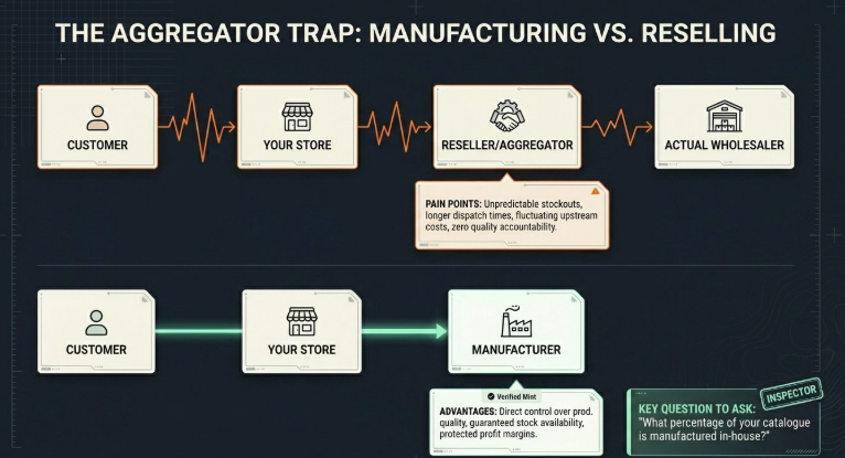Infographic titled “The Aggregator Trap: Manufacturing vs. Reselling” comparing two supply chain models in dropshipping. The top flow shows a longer chain: Customer → Your Store → Reseller/Aggregator → Actual Wholesaler, illustrating problems caused by intermediary layers. A highlighted note lists pain points such as unpredictable stockouts, slower dispatch times, fluctuating upstream costs, and lack of quality accountability.