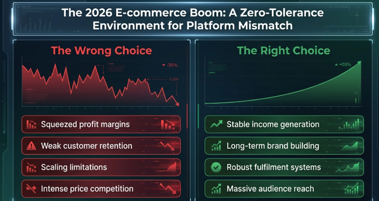 Infographic about the 2026 ecommerce boom showing the impact of choosing the right business and fulfillment strategy, comparing poor platform alignment that leads to weak retention and squeezed margins versus scalable brand-focused systems that enable stable growth, customer loyalty, and long-term ecommerce success.
