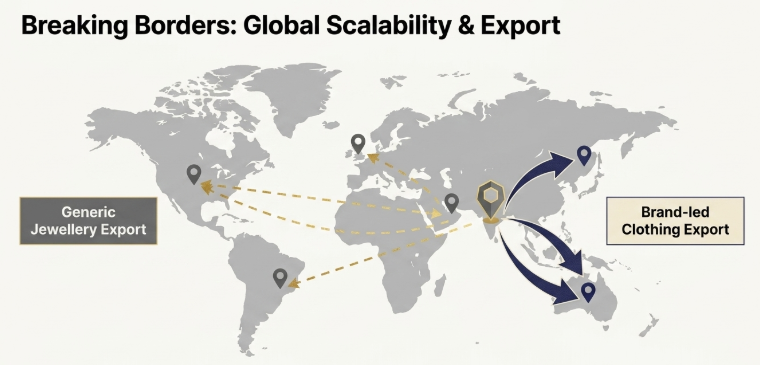 Global ecommerce scalability and export comparison showing how generic jewellery exports rely on broad marketplace distribution, while brand-led clothing businesses expand internationally through structured fulfillment, white-label branding, and long-term customer-focused fashion exports.