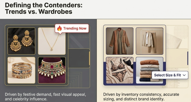 Comparison between trend-driven ecommerce products and wardrobe-based fashion businesses, highlighting how jewelry and viral products rely on fast trends and impulse demand, while apparel brands focus on sizing accuracy, inventory consistency, customer trust, and long-term brand identity.
