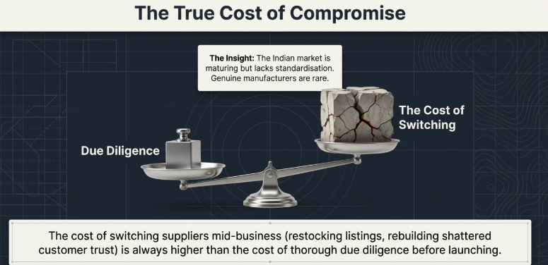 Infographic titled “The True Cost of Compromise” showing a balance scale comparing Due Diligence against The Cost of Switching suppliers. One side represents the effort of careful supplier evaluation before launch, while the other depicts the heavier consequences of changing suppliers mid-business. A central insight notes that the Indian market is growing but lacks standardisation, making genuine manufacturers uncommon. A concluding message emphasizes that the cost of switching suppliers—rebuilding listings, operations, and customer trust—is usually far greater than investing in proper due diligence from the start.