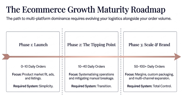 The Ecommerce Growth Maturity Roadmap infographic showing three ecommerce scaling phases: Launch, The Tipping Point, and Scale & Brand, highlighting daily order ranges, operational focus areas, and required systems for fashion ecommerce growth.