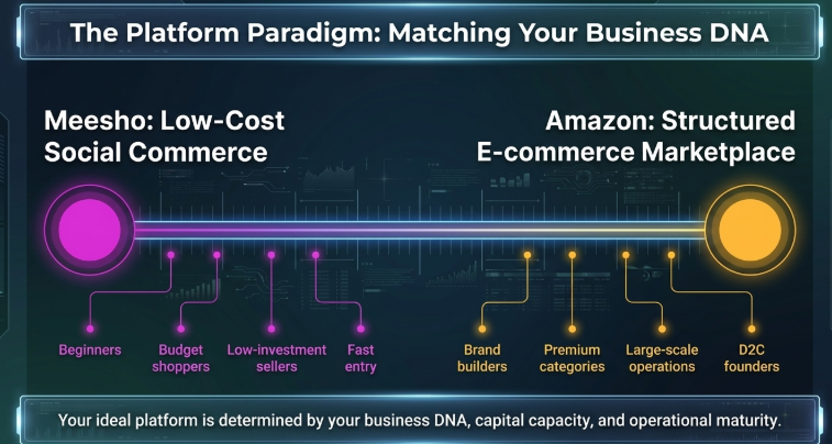 Meesho vs Amazon selling comparison infographic showing Meesho as a low-cost social commerce platform for beginners and budget sellers, while Amazon is presented as a structured ecommerce marketplace for brand builders, premium categories, and large-scale operations in India.