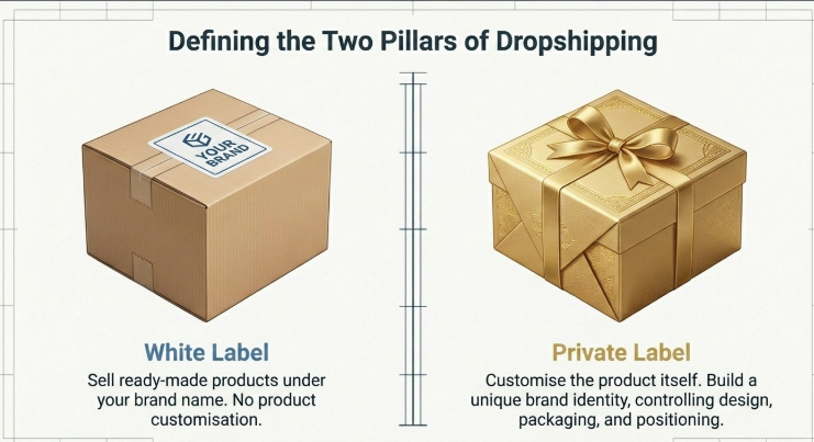 White label vs private label dropshipping comparison showing ready-made branded products vs customized branding and packaging for ecommerce in India