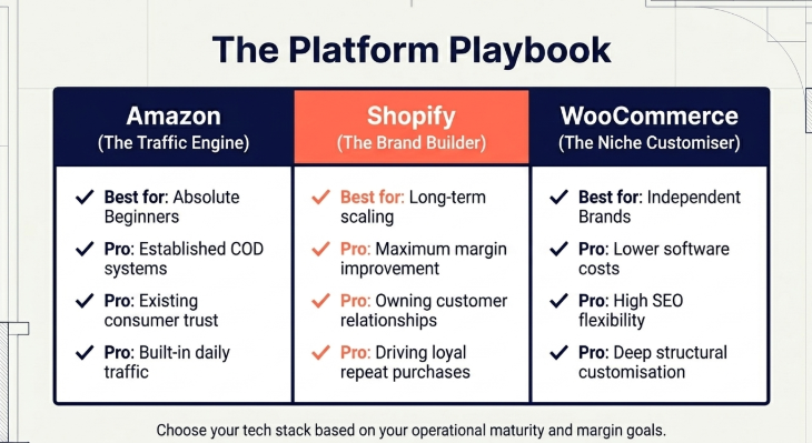 The Platform Playbook infographic comparing Amazon, Shopify, and WooCommerce for ecommerce growth, highlighting each platform’s strengths, advantages, and ideal use cases for beginners, brand builders, and niche ecommerce businesses.