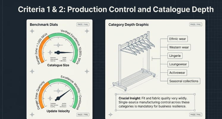Infographic titled “Criteria 1 & 2: Production Control and Catalogue Depth” explaining key supplier evaluation metrics. The left panel, “Benchmark Dials,” uses two gauge-style meters to assess Catalogue Size and Update Velocity. The catalogue size dial ranges from danger-level small inventories to verified excellence at 10,000+ SKUs, while the update velocity dial measures how frequently catalogues are refreshed, ranging from quarterly updates to strong monthly refresh cycles.