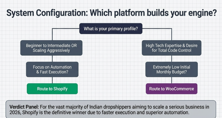 Shopify vs WooCommerce decision flowchart for Indian dropshippers showing platform choice based on budget, skills, and scalability needs in 2026