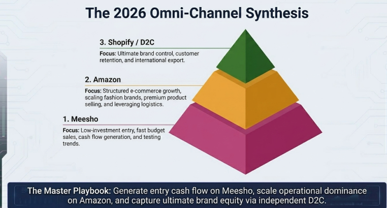 2026 omni-channel ecommerce strategy infographic showing a pyramid model with Meesho for low-investment entry and trend testing, Amazon for structured brand scaling and premium product selling, and Shopify/D2C for brand control, customer retention, and international ecommerce growth.