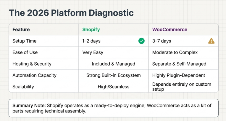 Shopify vs WooCommerce 2026 comparison table showing setup time, ease of use, hosting, automation, and scalability differences for dropshipping