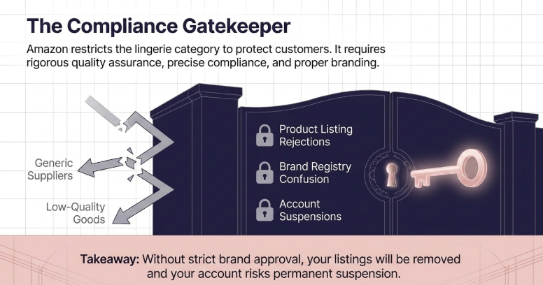 Amazon lingerie category compliance showing brand approval requirements, listing restrictions, and risks like account suspension for Indian dropshippers