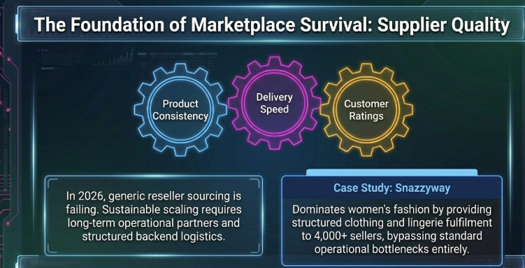 Supplier quality infographic explaining the importance of product consistency, delivery speed, and customer ratings for marketplace success, featuring a Snazzyway case study about structured women’s fashion and lingerie fulfillment for over 4,000 sellers in India.