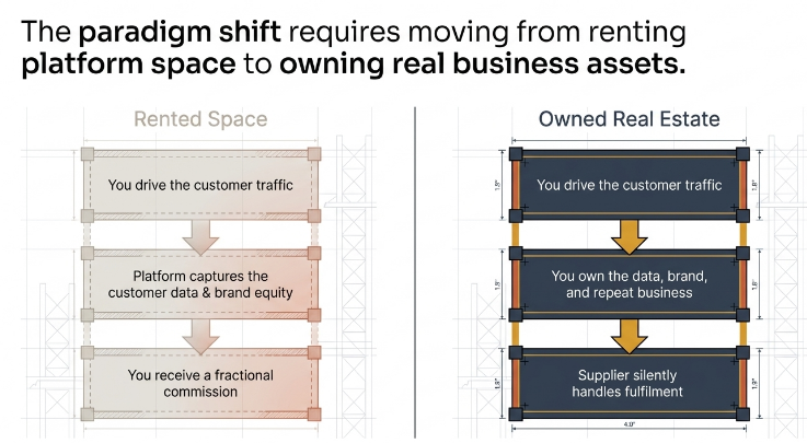 Comparison infographic illustrating a shift from relying on platforms to owning business assets. The left side, titled &ldquo;Rented Space,&rdquo; shows a reseller driving customer traffic, while the platform captures customer data and brand equity, leaving the seller with only a fractional commission. The right side, titled &ldquo;Owned Real Estate,&rdquo; shows a business model where the seller still drives customer traffic but owns the customer data, brand, and repeat business, while a supplier handles fulfilment in the background. The headline emphasizes moving from rented platform dependence to owning real business assets.