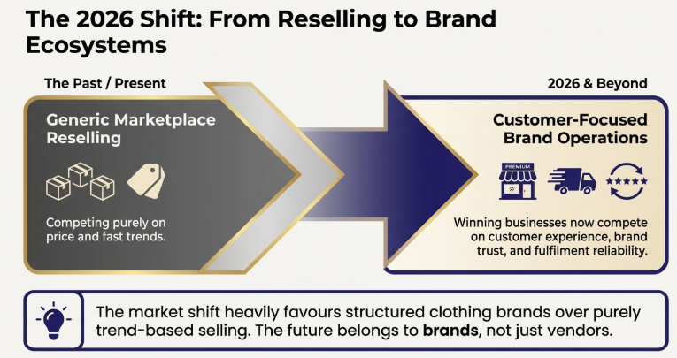 Illustration of the 2026 ecommerce evolution from generic marketplace reselling to customer-focused brand ecosystems, emphasizing how future ecommerce success depends on brand trust, customer experience, fulfillment reliability, and long-term brand building rather than competing only on price and trends.