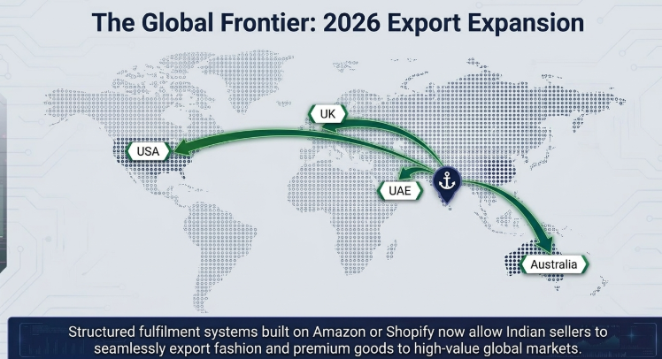 Global ecommerce expansion infographic showing export routes from India to the USA, UK, UAE, and Australia, highlighting how structured Shopify and Amazon fulfillment systems help Indian sellers scale fashion and premium product exports internationally in 2026.