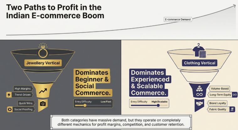 Comparison infographic showing jewelry vs clothing dropshipping in India, highlighting profit margins, competition, scalability, branding, customer retention, and ecommerce growth opportunities in 2026.