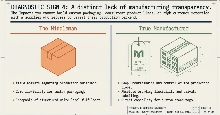 Diagnostic Sign 4 infographic comparing middlemen vs true manufacturers in clothing dropshipping, highlighting manufacturing transparency, custom packaging flexibility, private labeling capabilities, and direct production control for scalable ecommerce brands.