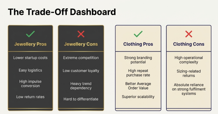 Strategic pros and cons comparison between jewellery and clothing ecommerce businesses, highlighting jewellery&rsquo;s low startup costs, easy logistics, and impulse sales advantages versus clothing&rsquo;s stronger branding potential, repeat purchases, higher average order value, and long-term scalability despite operational complexity.