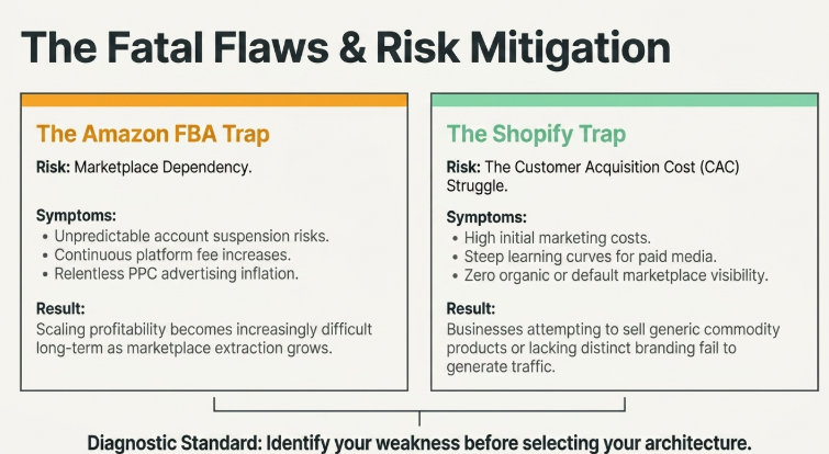 Comparison of the major risks in Amazon FBA and Shopify ecommerce models, highlighting Amazon’s marketplace dependency, rising fees, and account suspension risks versus Shopify’s high customer acquisition costs, marketing challenges, and need for strong branding to generate traffic.