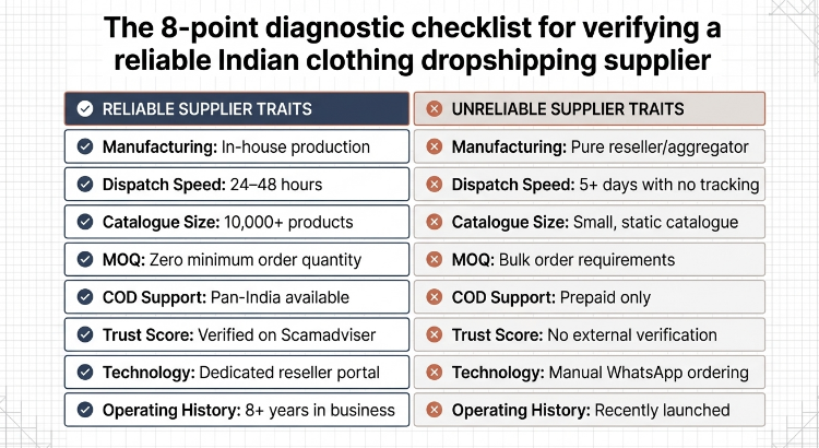 Checklist infographic comparing reliable vs unreliable Indian clothing dropshipping suppliers across eight evaluation criteria. The Reliable Supplier Traits column includes: in-house manufacturing, 24&ndash;48 hour dispatch speed, 10,000+ product catalogue, zero minimum order quantity (MOQ), pan-India COD support, verified trust score on Scamadviser, dedicated reseller technology portal, and 8+ years of operating history. The Unreliable Supplier Traits column contrasts these with: reseller/aggregator models, dispatch delays of 5+ days without tracking, small static catalogues, bulk order requirements, prepaid-only payment support, no external trust verification, manual WhatsApp ordering systems, and recently launched businesses. The graphic is presented as an 8-point diagnostic checklist for assessing supplier reliability.