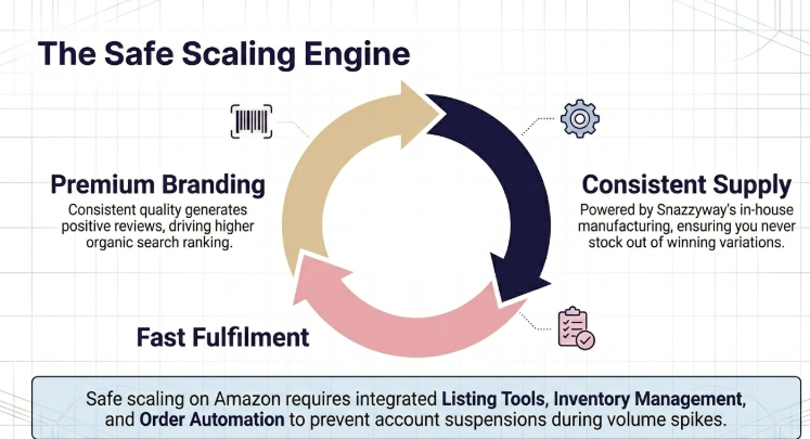 Amazon dropshipping scaling system showing branding, fast fulfillment, and consistent supply for sustainable ecommerce growth in India