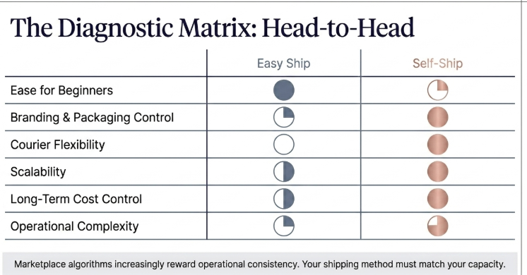 The Diagnostic Matrix infographic comparing Amazon Easy Ship vs Self-Ship across key ecommerce factors including beginner friendliness, branding control, courier flexibility, scalability, long-term cost control, and operational complexity.