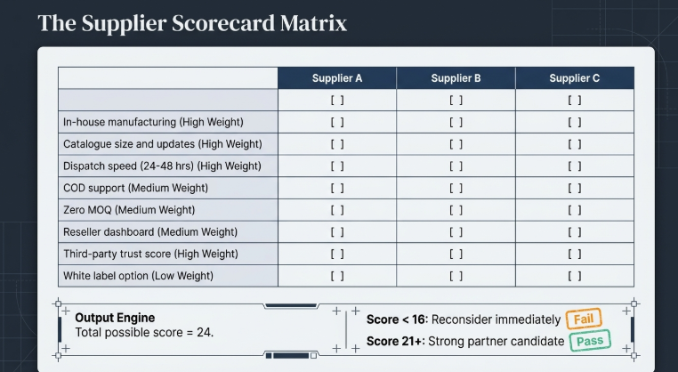 Infographic titled “The Supplier Scorecard Matrix” showing a comparison table for evaluating multiple dropshipping suppliers. The scorecard compares Supplier A, Supplier B, and Supplier C across weighted criteria including in-house manufacturing, catalogue size and updates, 24–48 hour dispatch speed, COD support, zero MOQ, reseller dashboard access, third-party trust score, and white label options. A scoring guide at the bottom states a maximum score of 24, where scores below 16 indicate reconsideration and scores of 21+ signal a strong supplier partner candidate.