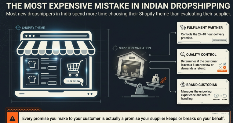 Infographic titled “The Most Expensive Mistake in Indian Dropshipping” emphasizing that many new dropshippers spend more time choosing a Shopify theme than evaluating their supplier. On the left, a glowing storefront illustration labeled “Shopify Theme” represents front-end store design. In the center, a balance scale labeled “Supplier Evaluation” symbolizes the importance of supplier selection. On the right, three supplier roles are highlighted: Fulfilment Partner — responsible for maintaining 24–48 hour delivery promises; Quality Control — determining whether customer experiences lead to positive reviews or refunds; and Brand Custodian — influencing unboxing experience and return handling. A closing note stresses that every promise made to customers ultimately depends on the supplier’s execution.