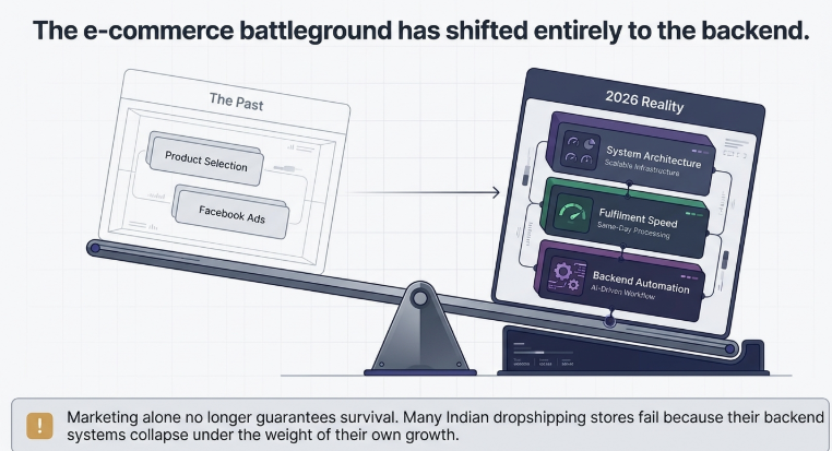 Shopify vs WooCommerce comparison for Indian dropshipping in 2026 showing features, cost, and platform differences