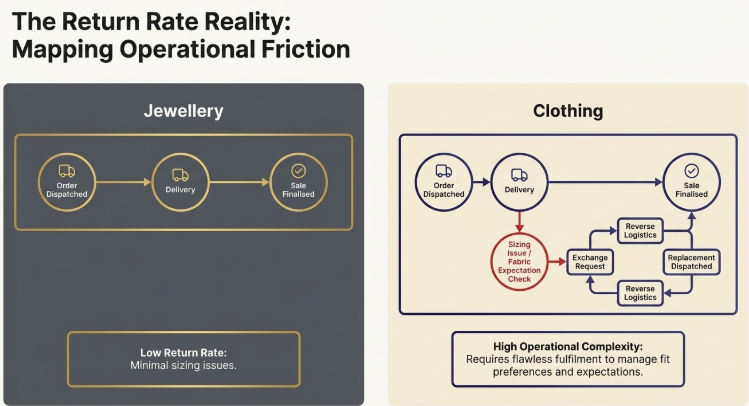 Comparison of return management complexity in jewellery versus clothing ecommerce, showing jewellery&rsquo;s low return rates and simple fulfillment process compared to clothing&rsquo;s operational challenges involving sizing issues, fabric expectations, exchanges, reverse logistics, and replacements