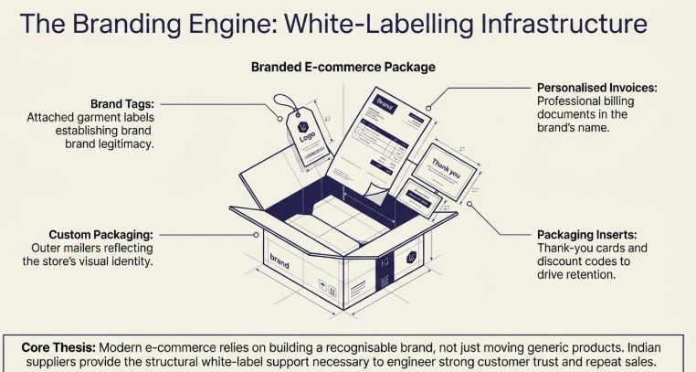 White-label ecommerce packaging and branding infrastructure for dropshipping businesses, showcasing custom packaging, branded tags, personalized invoices, and packaging inserts that help Indian suppliers support brand building, customer trust, and repeat sales.