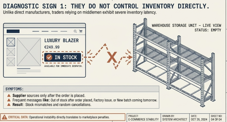 Diagnostic Sign 1 infographic showing how clothing dropshipping suppliers without direct inventory control create stock mismatches, delayed sourcing, order cancellations, and operational instability in ecommerce fulfillment.