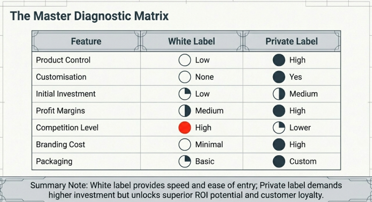 White label vs private label comparison table showing product control, customization, investment, profit margins, and branding differences in dropshipping India