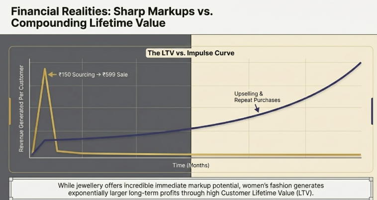 Financial comparison between jewellery and fashion ecommerce businesses, illustrating how jewellery generates high short-term markups and impulse sales, while women&rsquo;s fashion creates stronger long-term profits through repeat purchases, upselling, and higher customer lifetime value (LTV).