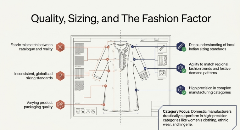 Comparison of product quality and fashion manufacturing between Chinese and Indian suppliers, highlighting Indian expertise in local sizing standards, regional fashion trends, precision manufacturing, and better quality control for women&rsquo;s clothing, ethnic wear, and lingerie.