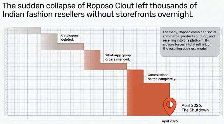 Infographic showing the sudden shutdown of Roposo Clout and its impact on Indian fashion resellers. A downward staircase-style timeline illustrates the collapse, with milestones reading: &ldquo;Catalogues deleted,&rdquo; &ldquo;WhatsApp group orders silenced,&rdquo; and &ldquo;Commissions halted completely.&rdquo; A note explains that Roposo combined social commerce, product sourcing, and reselling into one platform, making its closure highly disruptive. A location pin at the bottom right marks &ldquo;April 2026: The Shutdown.&rdquo; The headline states that thousands of Indian fashion resellers lost their storefronts overnight.