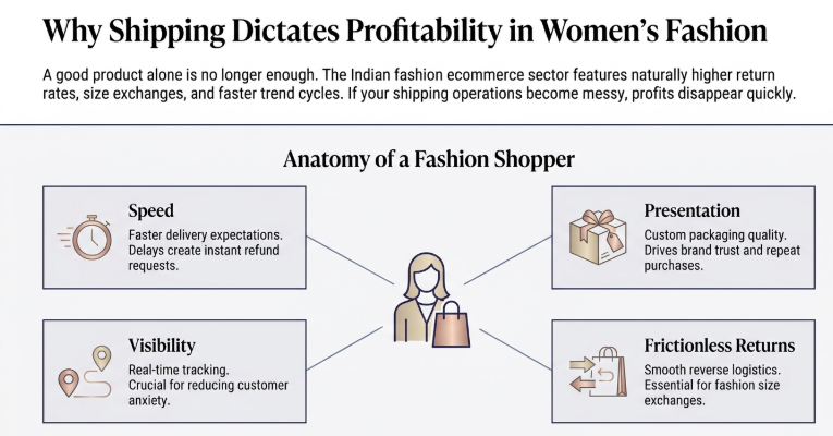 Why Shipping Dictates Profitability in Women’s Fashion infographic showing the anatomy of a fashion shopper with four key factors: speed, presentation, visibility, and frictionless returns in women’s fashion ecommerce logistics.