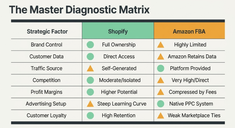 Strategic comparison matrix between Shopify and Amazon FBA, evaluating brand ownership, customer data access, traffic generation, competition levels, profit margins, advertising complexity, and customer loyalty for ecommerce business growth.